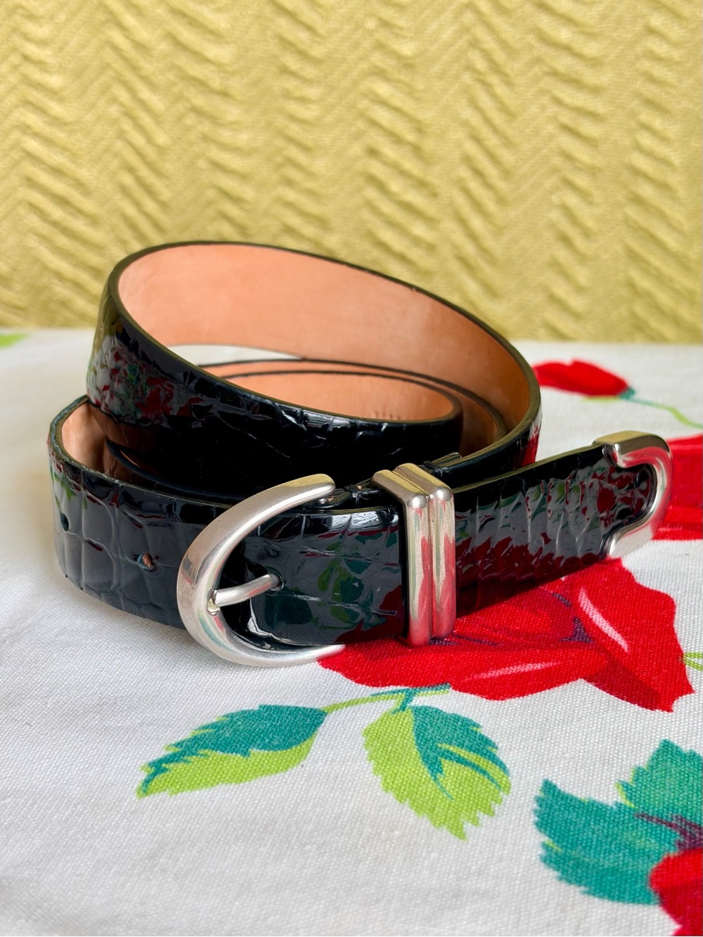 KHAITE Black Patent Bambi Croc-Embossed Leather Belt with Silver Hardware 75